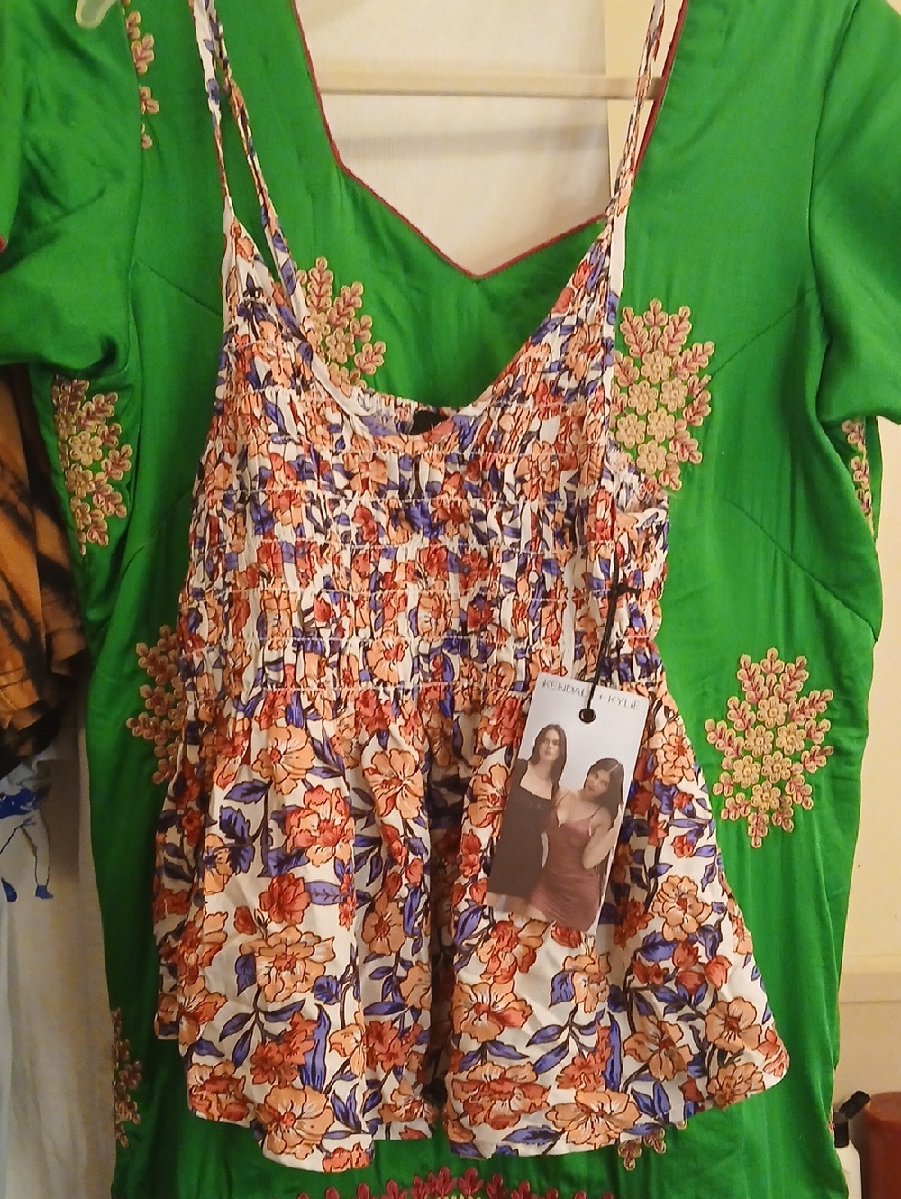 Kendall & Kylie White Floral Smocked Cami with Orange & Blue Flowers